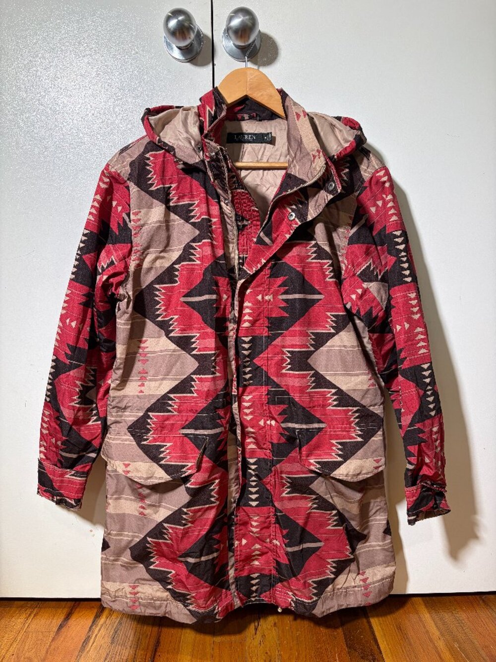 Ralph Lauren LRL drawcord waist hooded Southwest print Rain Coat women’s M